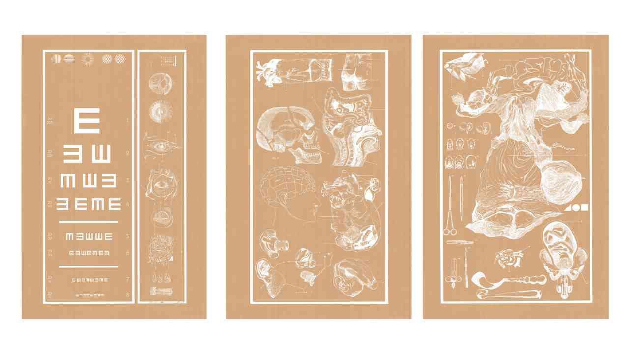 Kostis Kontogeorgos, The Learning Channel (210x100cm), white silkscreen triptych printed on brown paper 300gsm
